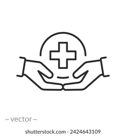 hands holding medical cross icon, provision of first aid, medical care, thin line symbol on white background - editable stroke vector illustration