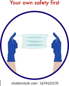 Hands holding medical face mask. Vector eps10 file illustration. Hands in blue gloves. 