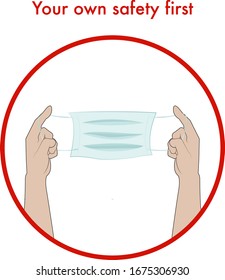 Hands holding medical face mask. Vector eps10 file black and white illustration. Male hands without gloves