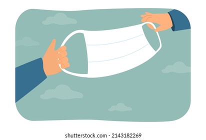 Hands holding medical mask flat vector illustration. Protective mask against coronavirus or flu. Healthcare, prevention, pandemic, medicine concept for banner, website design or landing web page