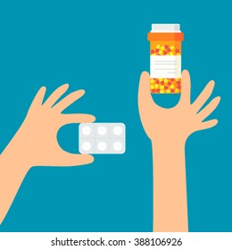 Hands holding medication pills. Modern flat vector illustration. Isolated on a blue background