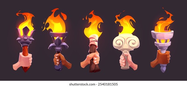 Mãos segurando tochas medievais. Cartoon vetor chamas fogo iluminar pedra decorativa, madeira e metal titulares para design de iu jogo mostrando o movimento do personagem com fontes de luz. Conjunto de bastão Flambeau