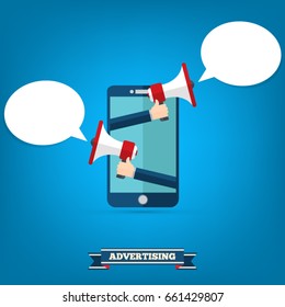 Hands  holding megaphone with bubble speech - mobile phone advertising concept