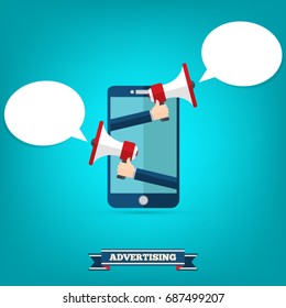 Hands  holding megaphone with bubble speech - mobile phone advertising concept