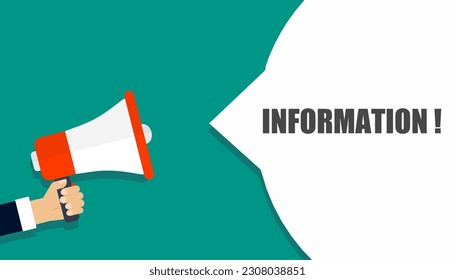 Hands holding megaphone and information speech bubble. Vector illustration.