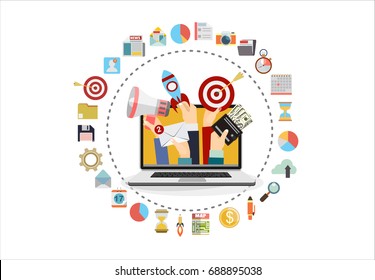 Hands holding megaphone, mail, start up and target coming out from laptop, digital marketing vector concept. Vector flat design illustration.