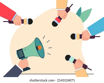 Hands holding megaphone and microphones flat vector illustration. Journalists recording interview. Announcement, journalism, mass media concept for banner, website design or landing web page