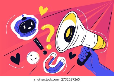 Hands holding megaphone and presenting ai digital marketing tools used in social media promotion. Work automation in advertising vector illustration.