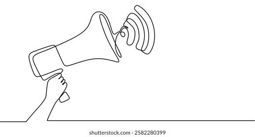 Hands holding a megaphone with sound waves in continuous line drawing. Symbol of broadcasting, public speaking, and spreading information. Vector illustration hand drawn.