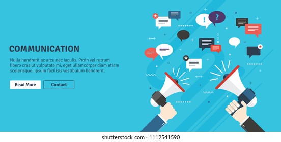 Hands holding a megaphones. Notice or announcement, promotion a product, service or event and message icons and comments. Flat design vector business illustration concept.