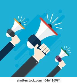 Hands holding a megaphones. Notice or announcement, promotion a product, service or event. Flat design vector business illustration concept.