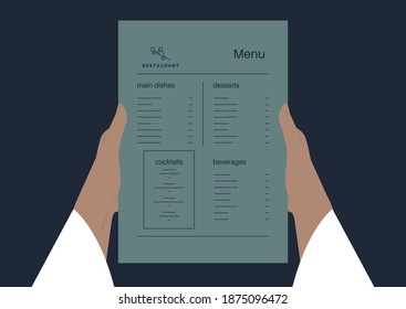 Hands holding a menu card, personal perspective view, a fine dining restaurant brand identity