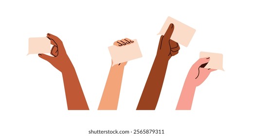 Hands holding messages, blank speech bubbles, set. Paper cards for communication, opinion, dialogue, feedback, speaking, talking and discussing. Flat vector illustration isolated on white background