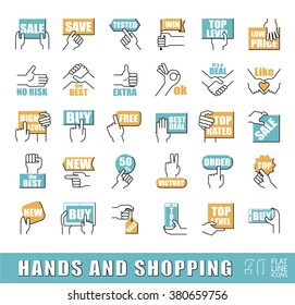Hands holding messages. Hand gestures. Set of flat line hand and shopping icons. Premium quality outline symbol collection. Flat line icons set.