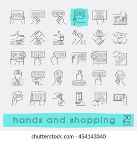 Manos sosteniendo mensajes. Gestos manuales. Juego de líneas fijas e iconos de compras. 