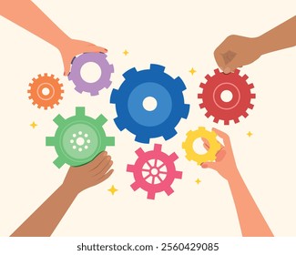 Hands holding metal gears. Concept for technology marketing, industrial and teamwork. 