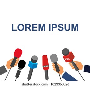 Hands holding a microphone, press conference, vector illustration. Hand holding microphone. interview