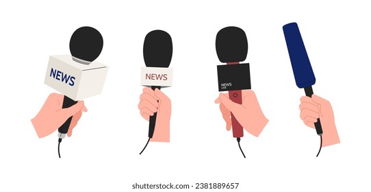 Hands holding microphone set. Journalists take interview. Equipment for mass media. Record sounds and audio. Social media stickers. Cartoon flat vector collection isolated on white background