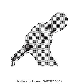 Hands holding microphone. Trendy halftone style. Collage design in trendy retro 90s magazine style. Vector illustration