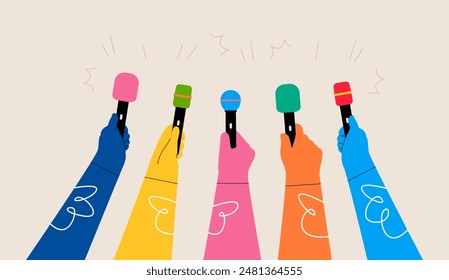 Hands holding microphones.  Journalism concept. Colorful vector illustration
