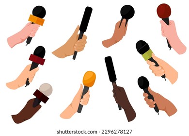 Hands holding microphones. Mass media reporters and journalists with mic recorder taking interview on live tv. Journalism concept