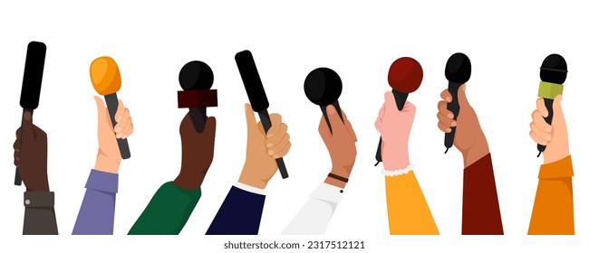 Hands holding microphones. Mass media reporters and journalists with mic recorder taking interview on live tv. Journalism concept