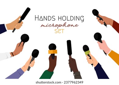 Hands holding microphones. Mass media reporters and journalists with mic recorder taking interview on live tv. Journalism concept