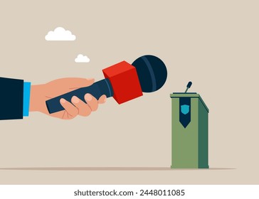 Hands holding microphones. Press conference with journalist or reporter.  Flat vector illustration