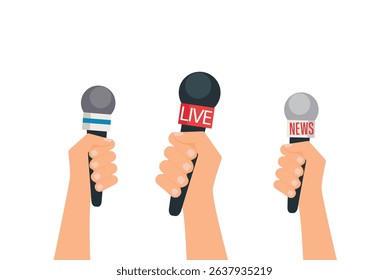 Hands holding microphones. Tv, interview, press conference, broadcasting, news.