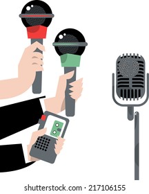 Hands holding microphones and voice recorders. Journalism concep. Vector illustration