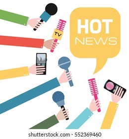 Hands holding microphones and voice recorders. Hot news. Press interview. Journalism concept illustration in flat style. Vector.