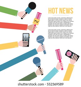 Hands holding microphones and voice recorders. Hot news. Press interview. Journalism concept illustration in flat style. Vector.