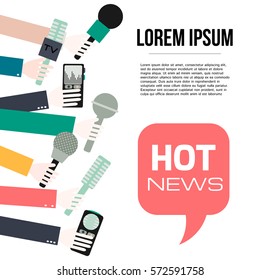 Hands holding microphones and voice recorders. Hot news. Press interview. Journalism concept illustration in flat style. Vector.