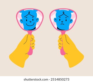 Hands holding a mirror showing two facial expressions. Bipolar affective disorder concept. Colorful vector illustration
