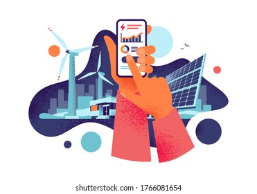 Hands holding mobile cell phone with electricity energy usage smartphone monitoring app. Sustainable renewable power plant storage station with solar panels, wind. Grain style vector illustration.