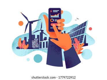 Manos con teléfono móvil con aplicación de monitoreo de uso de energía eléctrica para smartphones. Almacenamiento sustentable de baterías de plantas de energía renovable con paneles solares, viento. Ilustración vectorial de estilo grano.