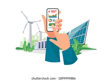 Manos con teléfono móvil con control de energía eléctrica usando la aplicación de monitoreo de smartphones. Estación de almacenamiento sostenible de plantas de energía renovable con paneles solares, eólica. Ilustración vectorial aislada