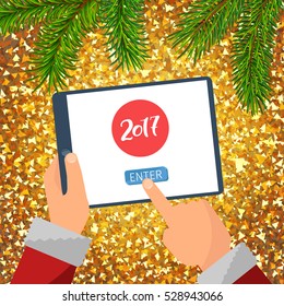 hands holding mobile device with 2017 entering screen, new year concept