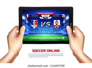 Hands holding mobile device with online broadcast of soccer championship on screen realistic vector illustration