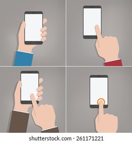 Hands holding Mobile Devices - Flat Design, Set of hands, holding and typing on a smartphone