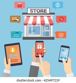 Hands holding mobile devices and online shopping. E-commerce concept.