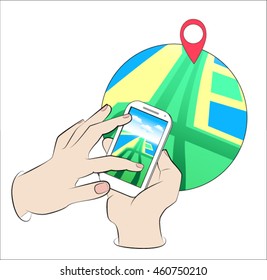 Hands holding Mobile with Gps Navigation. Navigation with map and icon. Mobile gps navigation concept. Concept vector illustration. Gps technologies.