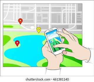 Hands holding Mobile with Gps Navigation and map with icon. Mobile gps navigation concept vector illustration. 