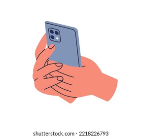 Hands Holding Mobile Phone. Back Side, Panel Of Smartphone With Cameras For Taking Photo. Using Cellphone, Telephone Device, Recording Video. Flat Vector Illustration Isolated On White Background