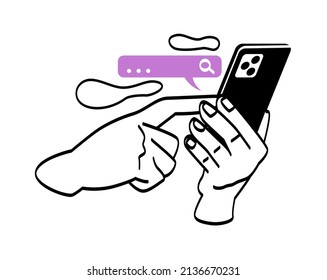 Hands holding mobile phone. Character looking for something on Internet. Information and knowledge, modern service. Search engines, modern and trendy application. Cartoon flat vector illustration