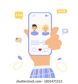 Hands holding mobile phone with dating app, male and female profiles. People looking for love and couple.  Communication and social media concept. Vector illustration in flat style