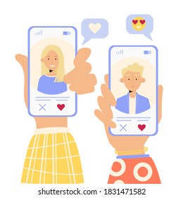 Hands holding mobile phone with dating app, male and female profiles. People looking for love and couple.  Communication and social media concept. Vector illustration in flat style