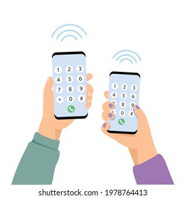 Manos con teléfono móvil y número de pantalla para llamar
