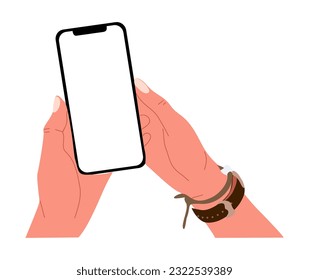Manos con teléfono móvil. Pantalla vacía, paro telefónico. Ilustración vectorial plana aislada en fondo blanco.