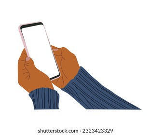 Hands holding mobile phone. Empty screen, phone mockup. Flat vector illustration isolated on white background.